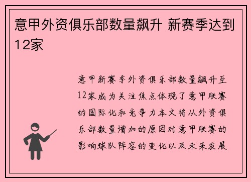 意甲外资俱乐部数量飙升 新赛季达到12家